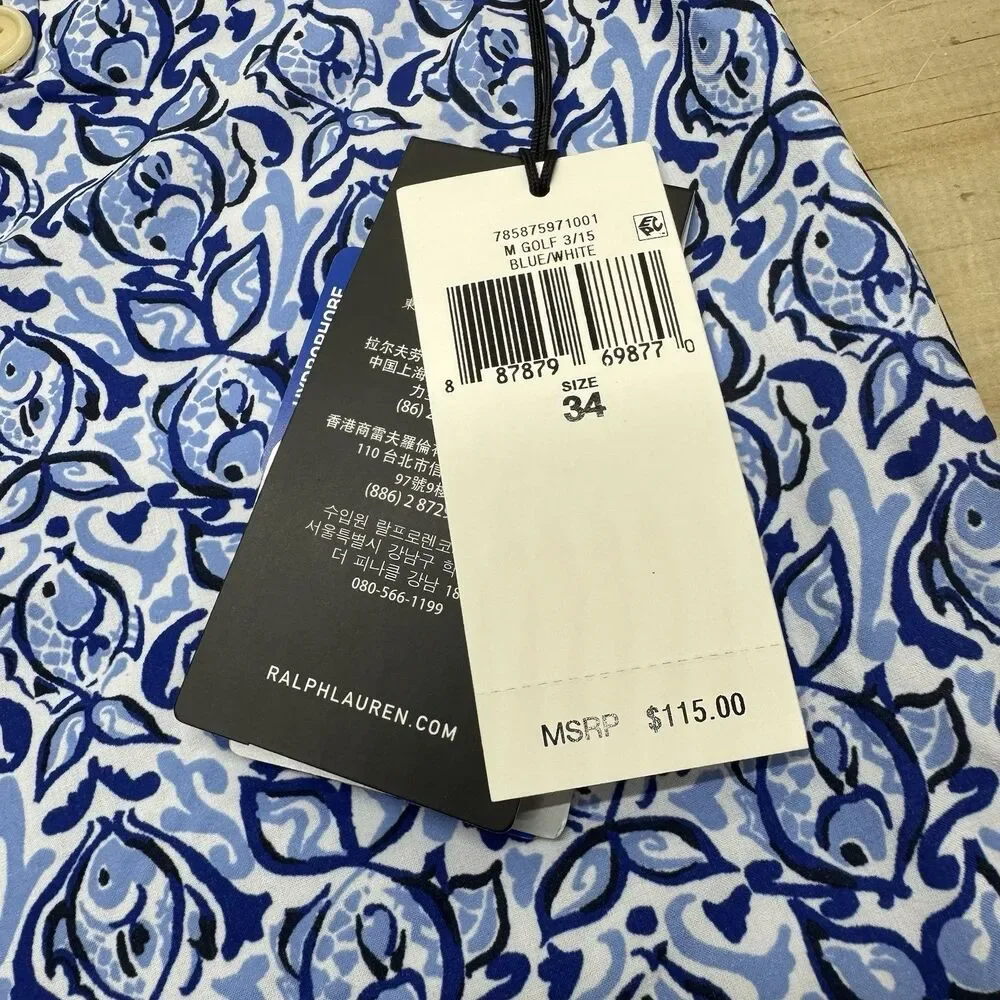 NEW RLX Ralph Lauren Classic Fit Water Repellent Fish Blue Golf Shorts Sz 34
